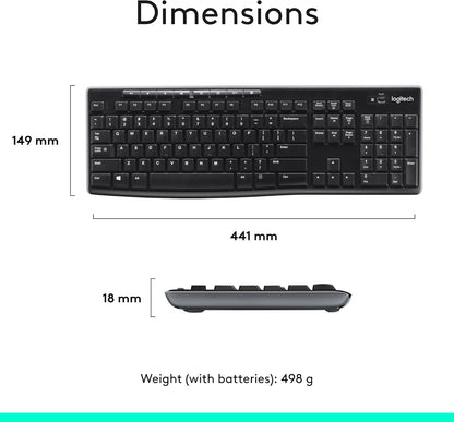 Logitech MK270 Wireless Keyboard and Mouse Combo for Windows, 2.4 GHz, 8 Multimedia Keys, PC, Laptop, Wireless Keyboard Compact Mouse Combo