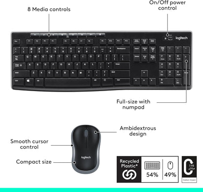 Logitech MK270 Wireless Keyboard and Mouse Combo for Windows, 2.4 GHz, 8 Multimedia Keys, PC, Laptop, Wireless Keyboard Compact Mouse Combo